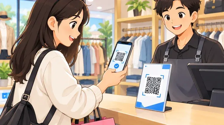 ilustrasi anak muda melakukan pembayaran dengan metode Qris tanpa membawa uang tunai di dompet.